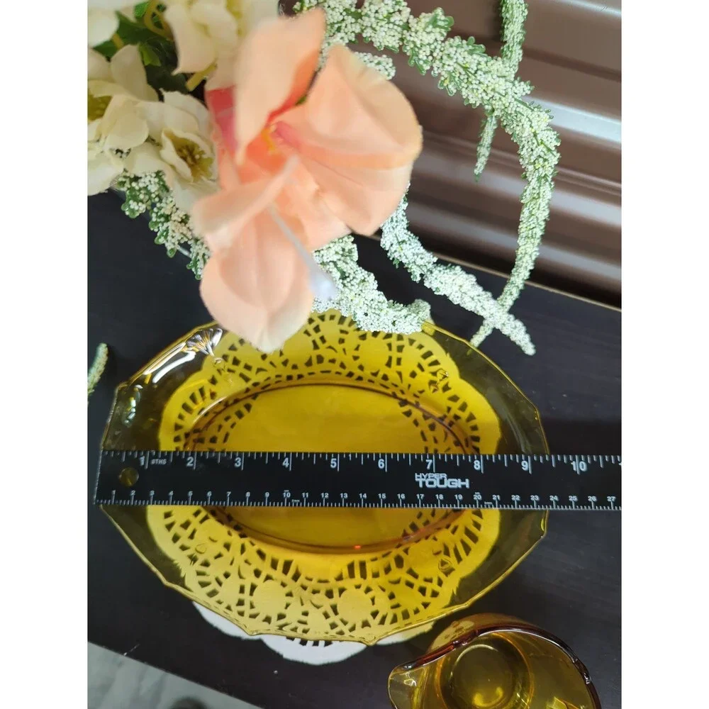 Vintage Amber Pressed Glass Creamer‎ and Tea Platter Tray Serving Dish Plate